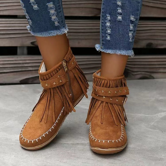 Retro Moccasins Ankle Boots With Rivet Tassel Flat Shoes Women Winter Fall Boots