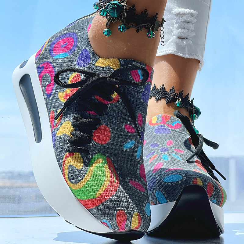 Women's Random Print Side Lace-Up Elastic Sport Thick Chunky Sole Sneakers, Comfortable Slip-On Shoes