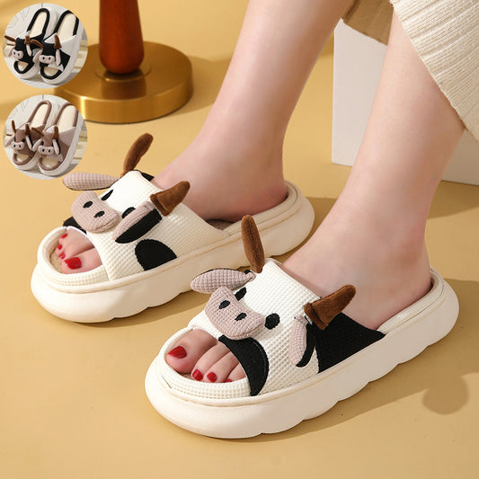 Cute Cartoon Cow or Frog Slippers Linen Non-slip Shoes Indoor Garden Home Slippers