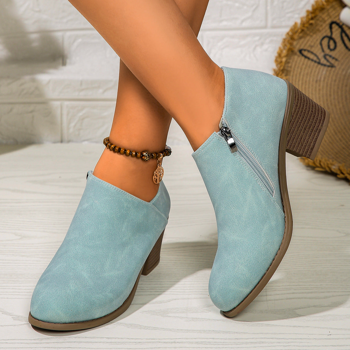 Chunky Heel Ankle Boots With Side Zipper Design Fashion Fall Winter Booties For Women Shoes