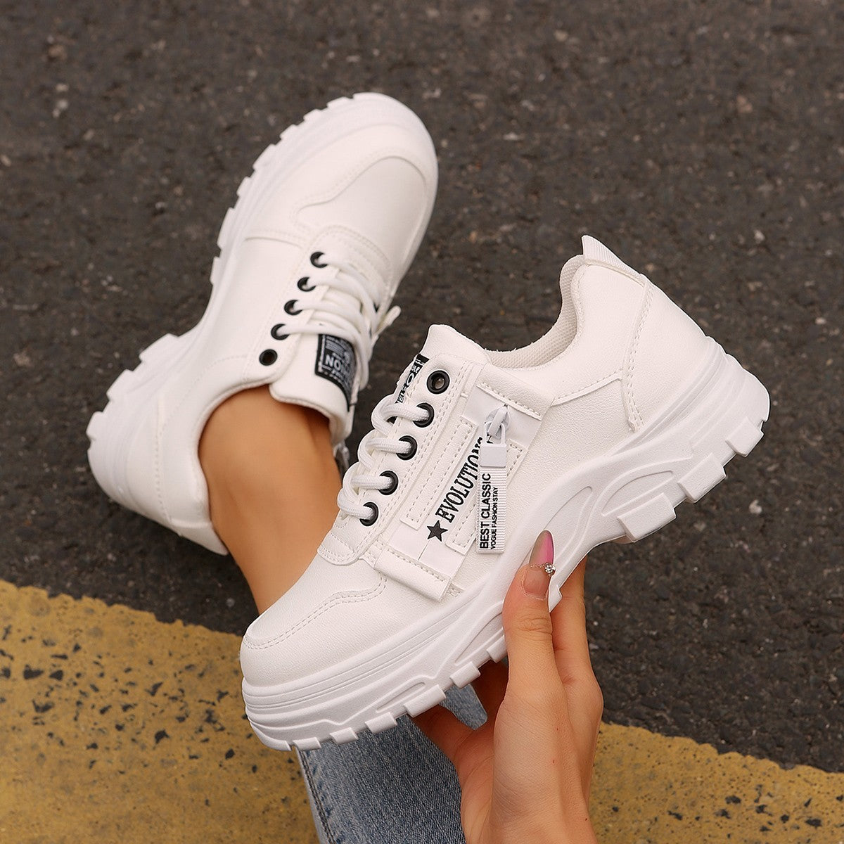 Lace-up Sports Sneakers With Side-Zipper Design Thick-soled Round-toe Casual Shoes For Women Sneakers