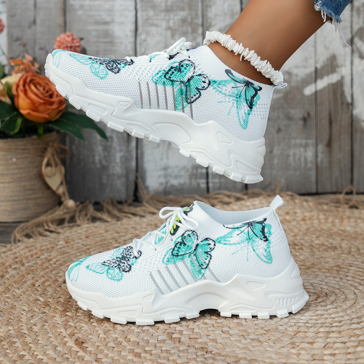 Butterfly Print Mesh Sneakers Women's Flat Heel Casual Shoes Fashion Running Jogging Walking Sports Thick Chunky Sole Shoes