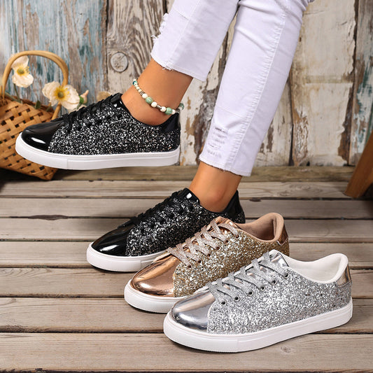 Plus Size Sequined Front Lace-up Solid Color Plus Size Board Flat Sneakers