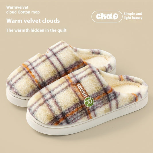 Women's Plush Warm Plaid Flannel Non-slip Cotton House Slide On Slipper Shoes