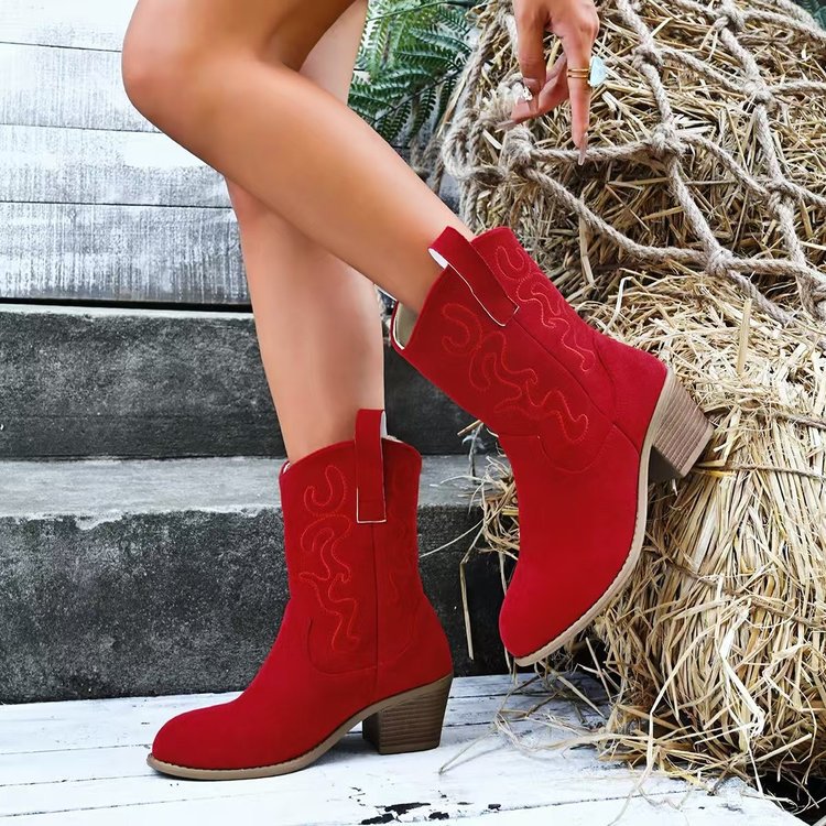 Pointed Toe Western Boots Fashion Retro Embroidered Chunky Square-heeled Mid-Calf Boot For Women