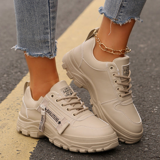 Lace-up Sports Sneakers With Side-Zipper Design Thick-soled Round-toe Casual Shoes For Women Sneakers