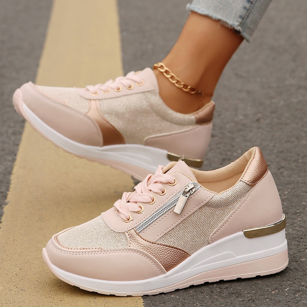Women's Lace-up Casual Sneakers Side Zipper Design Thick-soled Shoes Walking Running Sports Sneakers