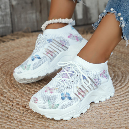 Butterfly Print Mesh Sneakers Women's Flat Heel Casual Shoes Fashion Running Jogging Walking Sports Thick Chunky Sole Shoes