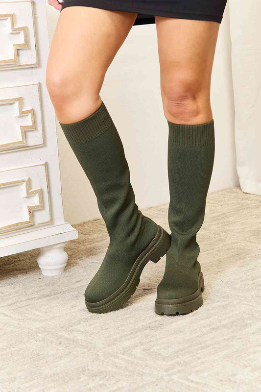 WILD DIVA Knee High Platform Chunky Thick Sole Olive Green Sock Boots