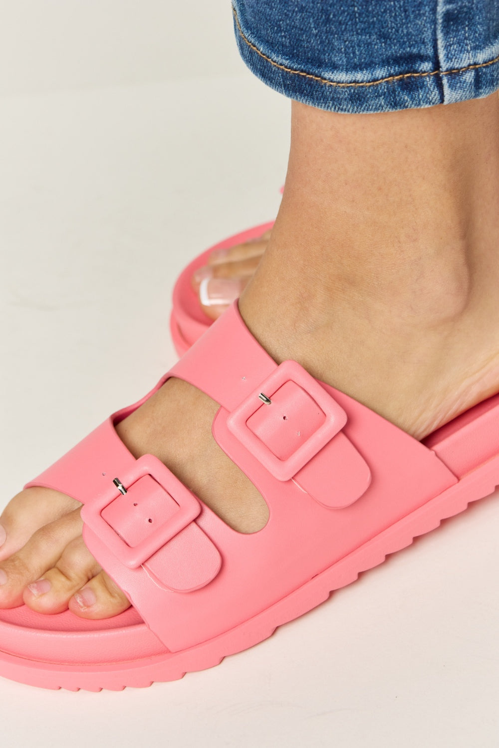 Legend Double Buckle Pink Flat Open Toe Slide On Flat Comfy Sandals
