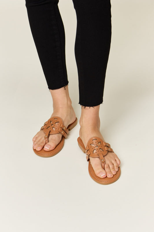 Forever Link Cutout PU Leather Slide On Tan Open Toe Flat Sandals