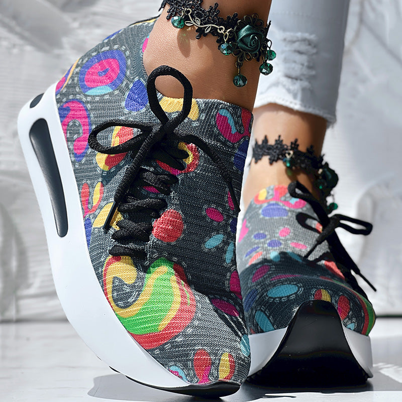 Women's Random Print Side Lace-Up Elastic Sport Thick Chunky Sole Sneakers, Comfortable Slip-On Shoes