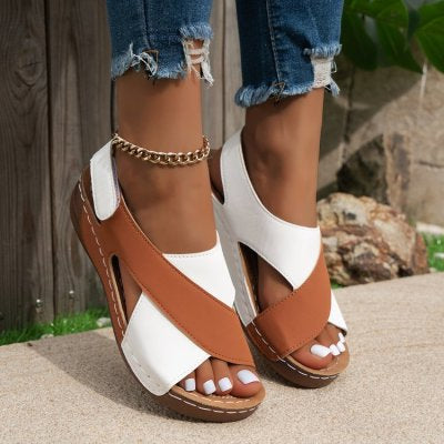 Color Block-Crossed Wedges Sandals Fish Mouth Platform Roman Thick Sole Shoes For Women