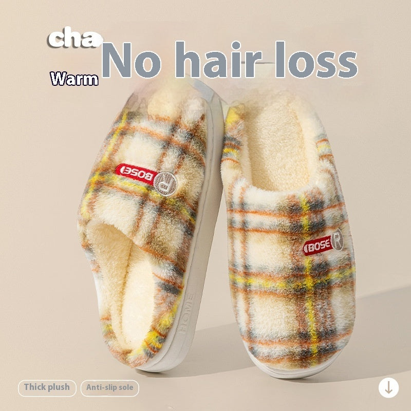Women's Plush Warm Plaid Flannel Non-slip Cotton House Slide On Slipper Shoes