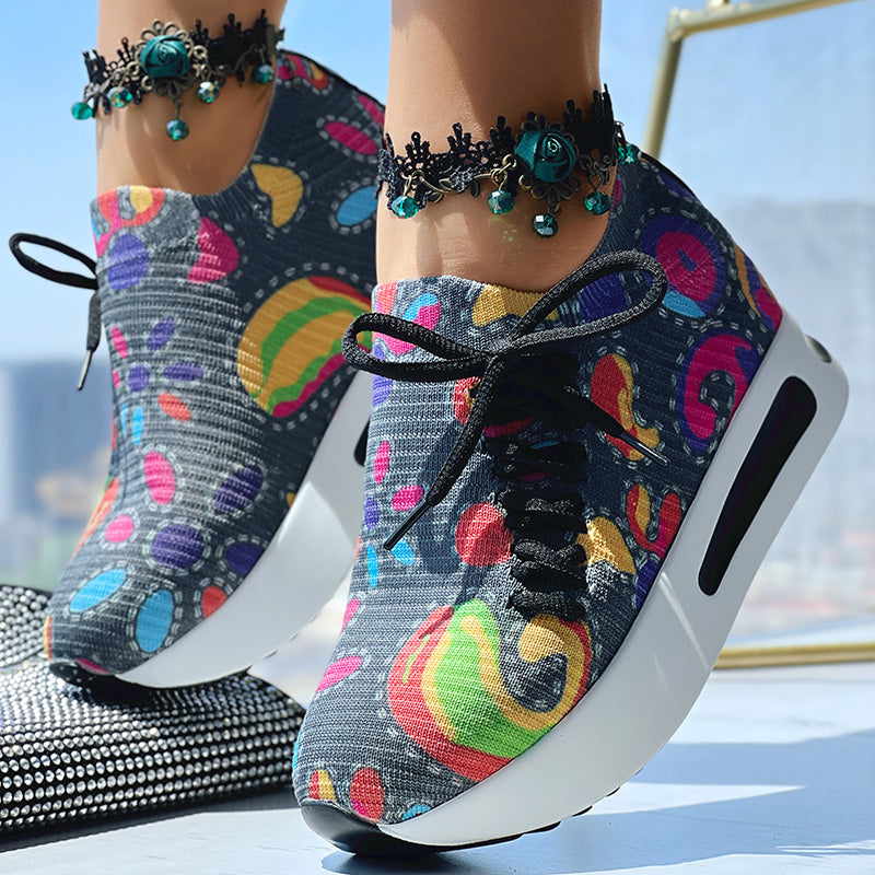 Women's Random Print Side Lace-Up Elastic Sport Thick Chunky Sole Sneakers, Comfortable Slip-On Shoes
