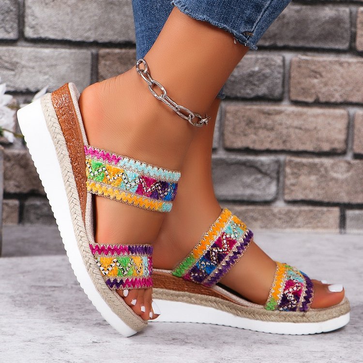Wedge Heel Woven Sandals Summer Casual Ethnic Style Slippers Linen Bottom Wide Strap Shoes For Women