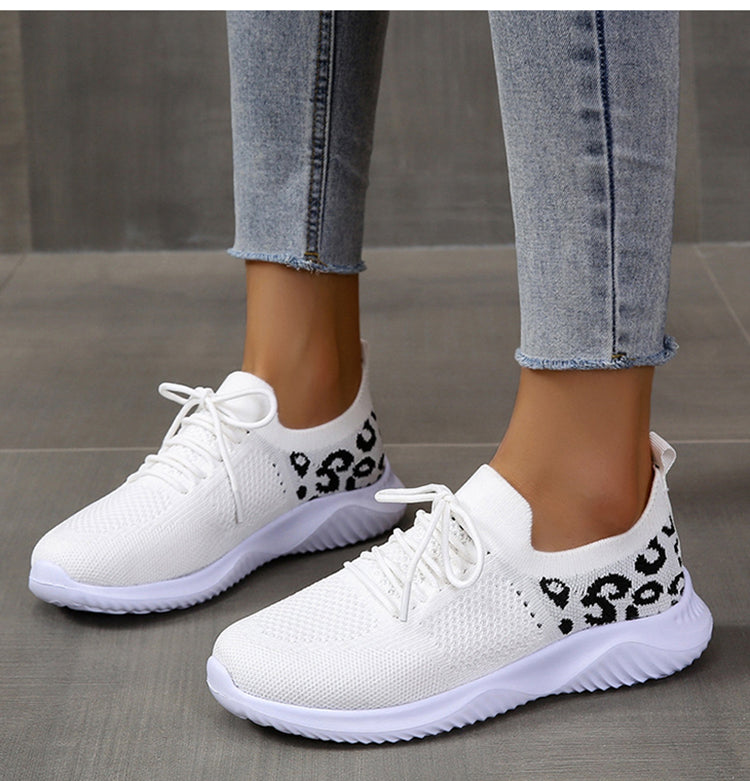 White Shoes Women Leopard Print Lace-up Light-Weight Mesh Sneakers Sports