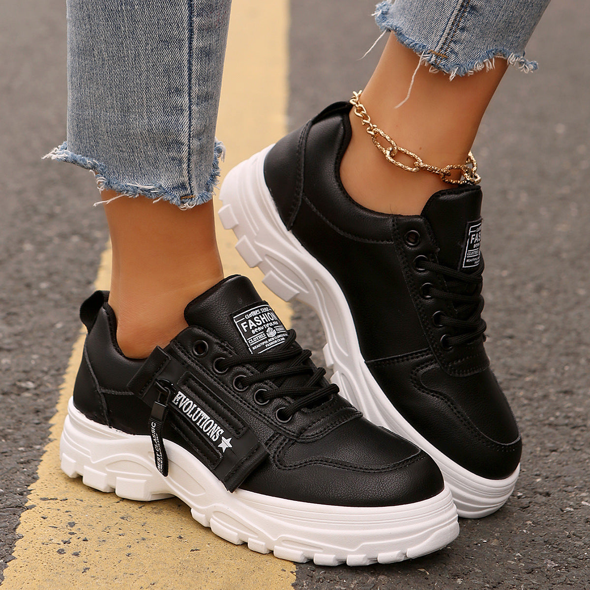 Lace-up Sports Sneakers With Side-Zipper Design Thick-soled Round-toe Casual Shoes For Women Sneakers