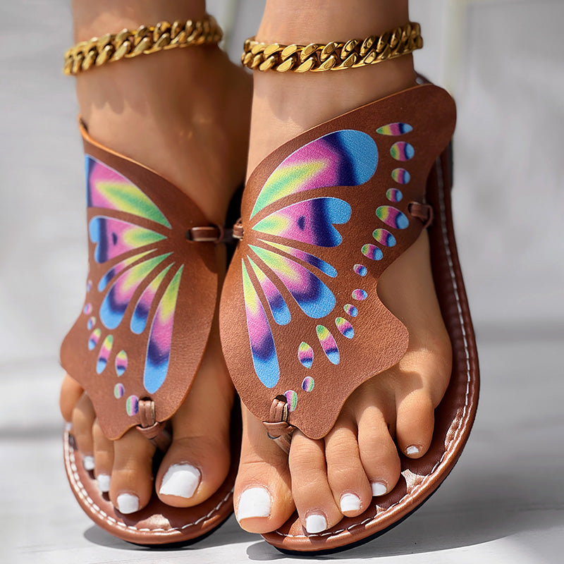 Brown Butterfly Print Round Toe Flip Flops, Comfortable Summer Beach Flat Shoes, Casual Women's Sandals, Perfect For Poolside And Daily Wear