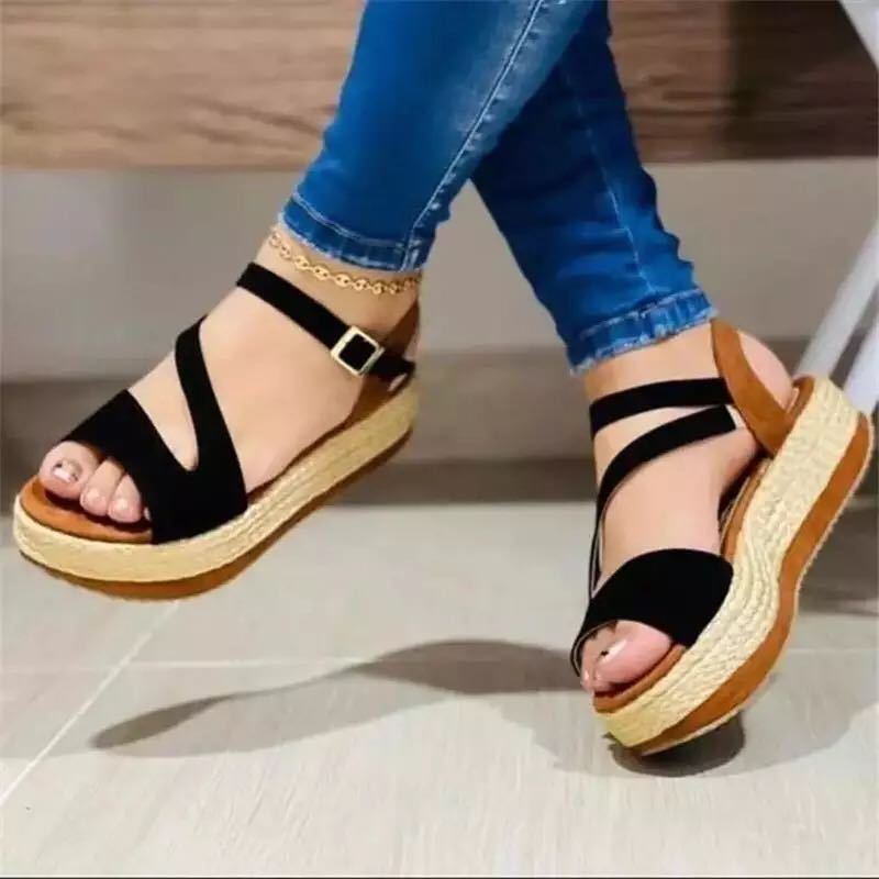Ankle Strap Platform Sandals Thick Sole Hollow Buckle Open Toe Women's Shoes