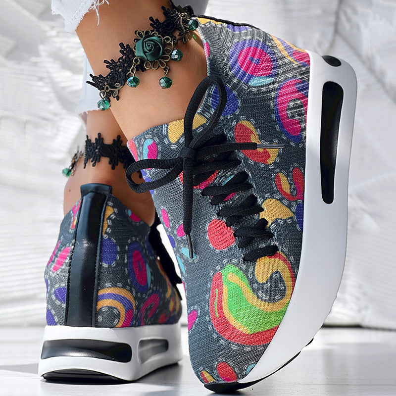 Women's Random Print Side Lace-Up Elastic Sport Thick Chunky Sole Sneakers, Comfortable Slip-On Shoes