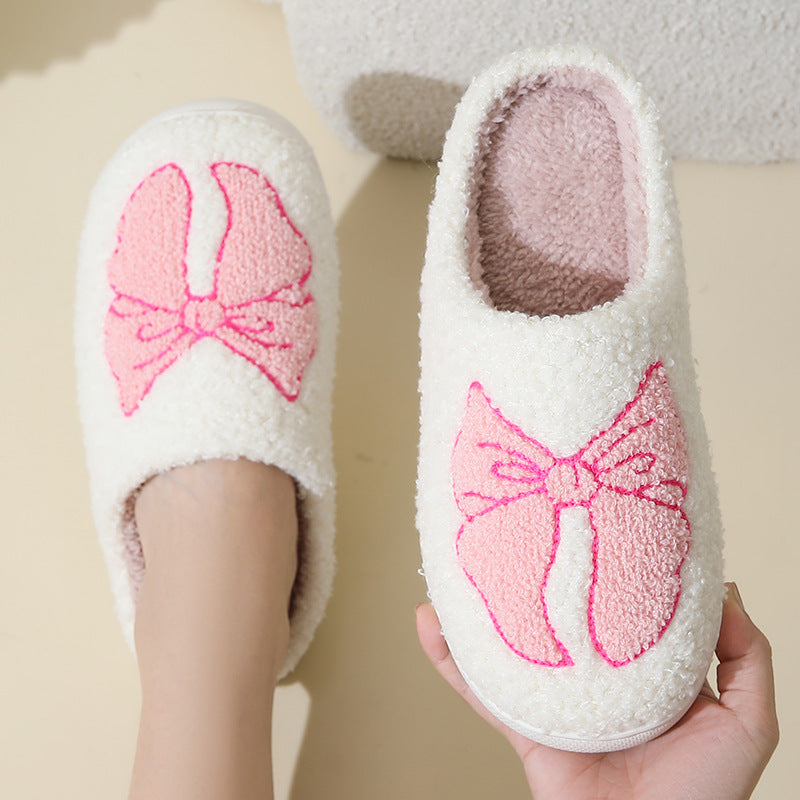 Cute Cartoon Bow Tied Ribbon Cotton Closed Toe Soft Slide On Slippers