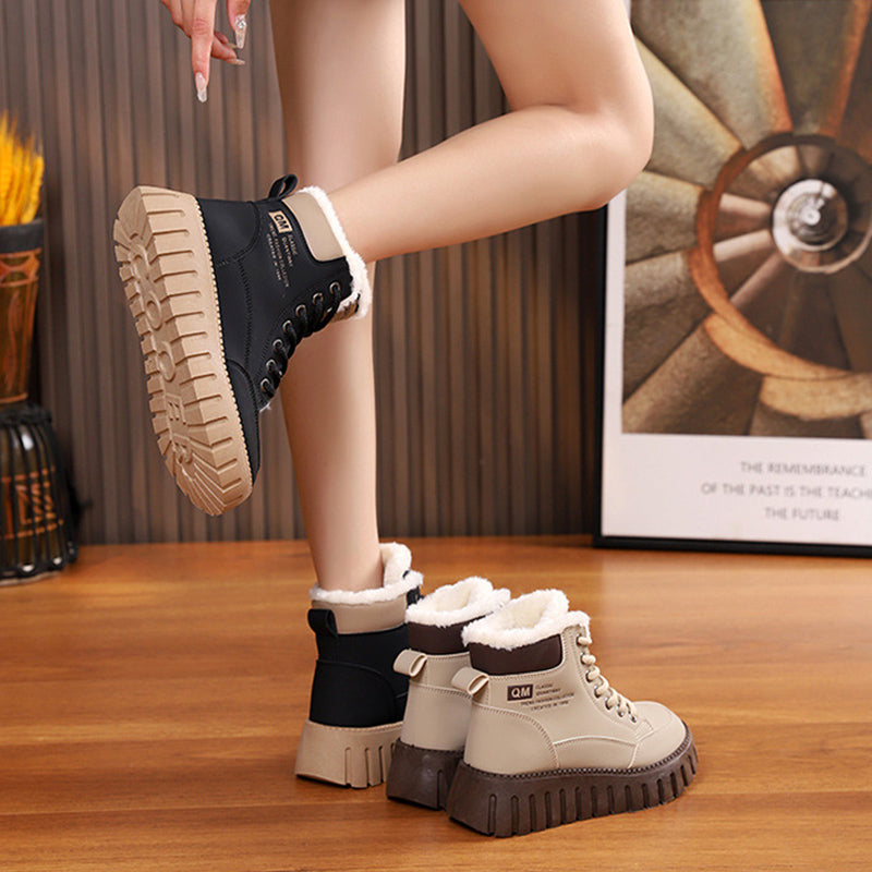 Lace-up Snow Boots Winter Warm Fleece Flat Shoes For Women Fashion Casual Plush Ankle Boot