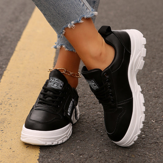 Lace-up Sports Sneakers With Side-Zipper Design Thick-soled Round-toe Casual Shoes For Women Sneakers