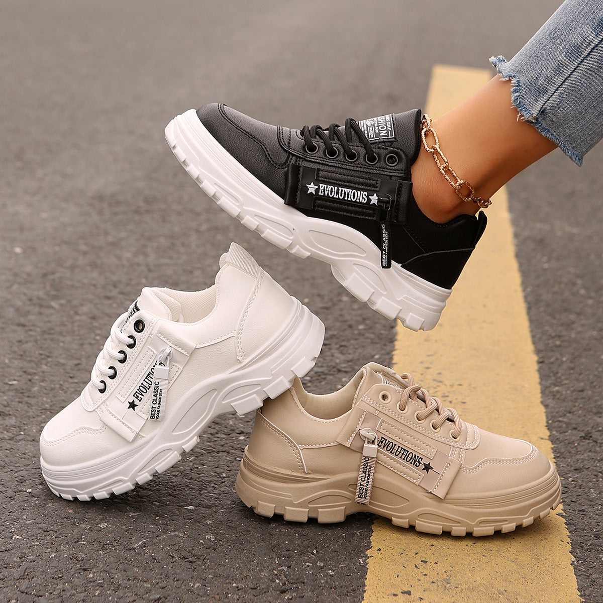 Lace-up Sports Sneakers With Side-Zipper Design Thick-soled Round-toe Casual Shoes For Women Sneakers