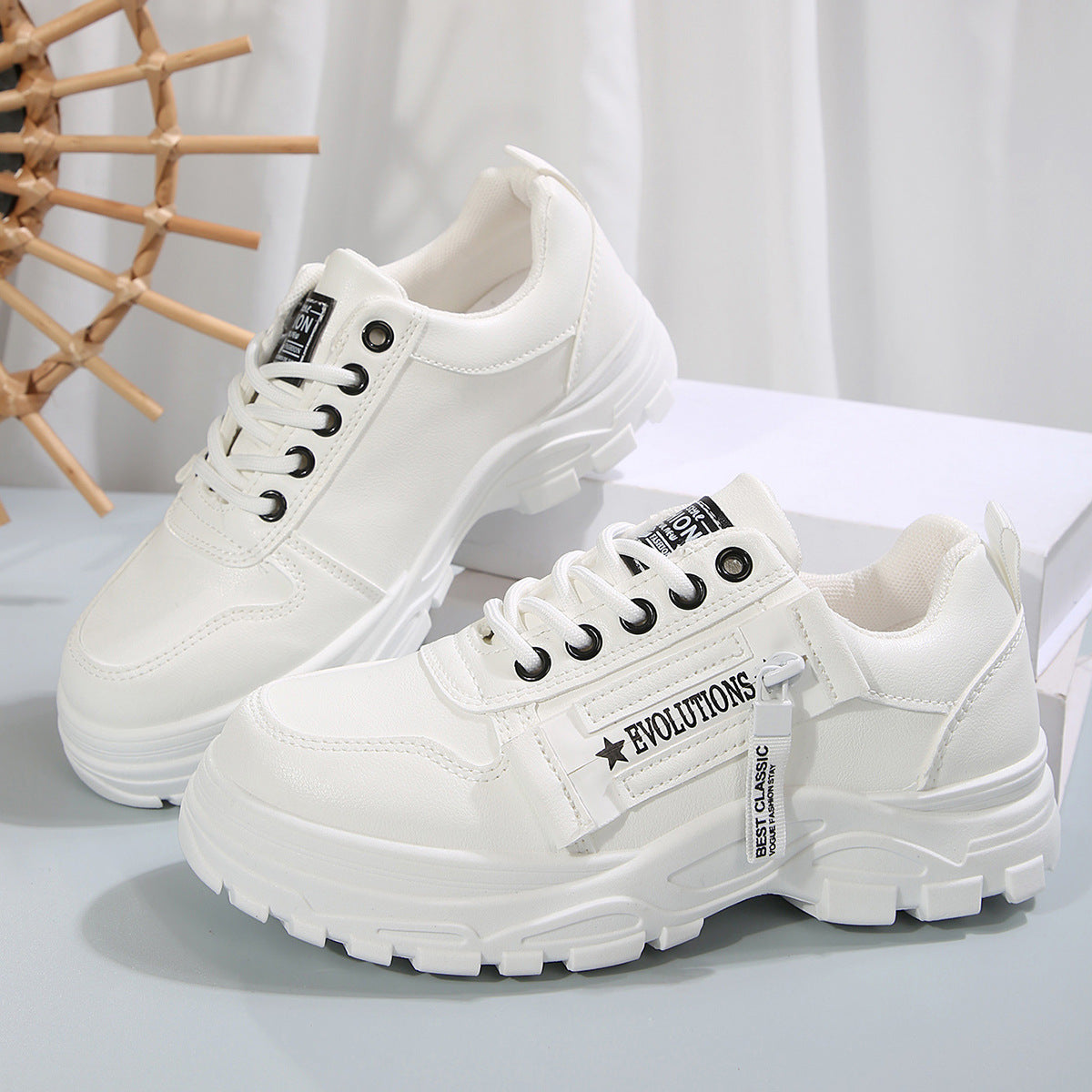 Lace-up Sports Sneakers With Side-Zipper Design Thick-soled Round-toe Casual Shoes For Women Sneakers