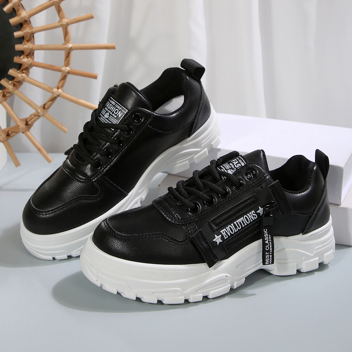 Lace-up Sports Sneakers With Side-Zipper Design Thick-soled Round-toe Casual Shoes For Women Sneakers