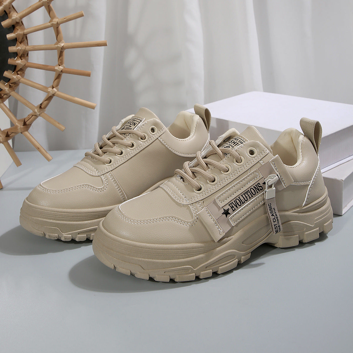 Lace-up Sports Sneakers With Side-Zipper Design Thick-soled Round-toe Casual Shoes For Women Sneakers