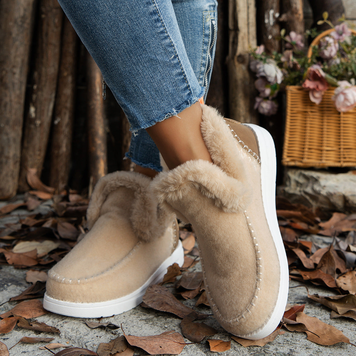 Fleece-lined Thick Plush Boots Warm Sewing Flat Cotton Shoes Winter Ankle Boot Booties