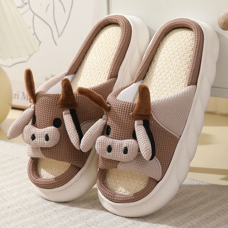 Cute Cartoon Cow or Frog Slippers Linen Non-slip Shoes Indoor Garden Home Slippers