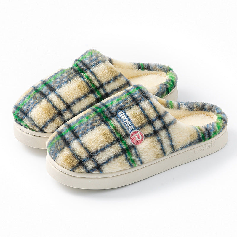 Women's Plush Warm Plaid Flannel Non-slip Cotton House Slide On Slipper Shoes