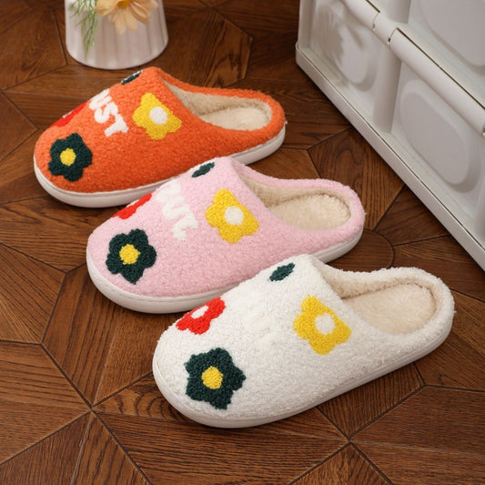 Women's Flower Slippers Indoor Soft Soles Cotton Flat Slide On Shoes