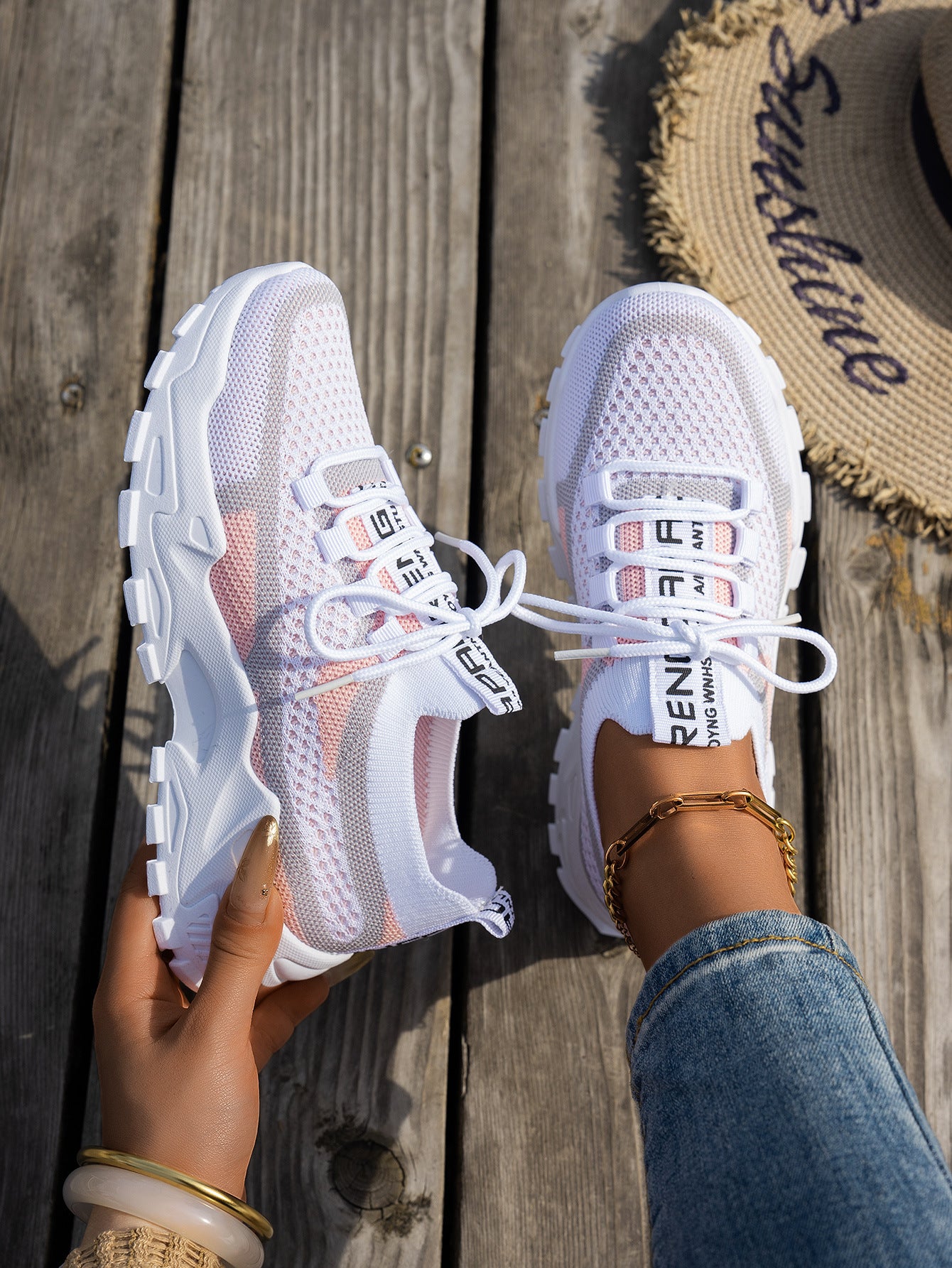 Flyknit Mesh Shoes Women's Breathable Lace-up Thick Chunky Sole Sneakers Walking Running Casual Shoes