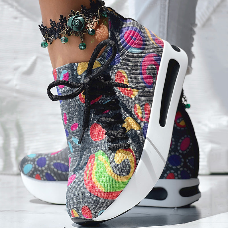 Women's Random Print Side Lace-Up Elastic Sport Thick Chunky Sole Sneakers, Comfortable Slip-On Shoes