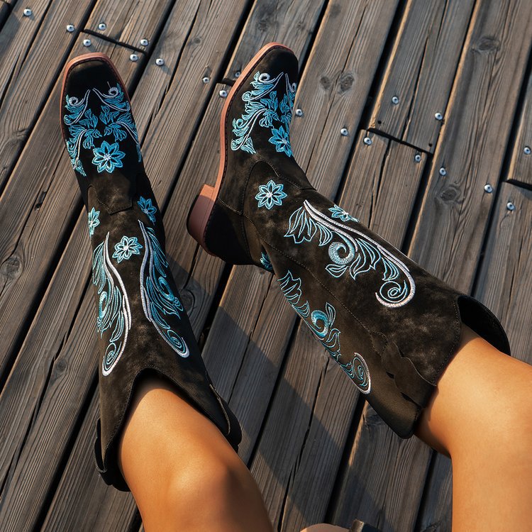 Plus Size High Cylinder Embroidery Mid Calf Cowboy Cowgirl Boots