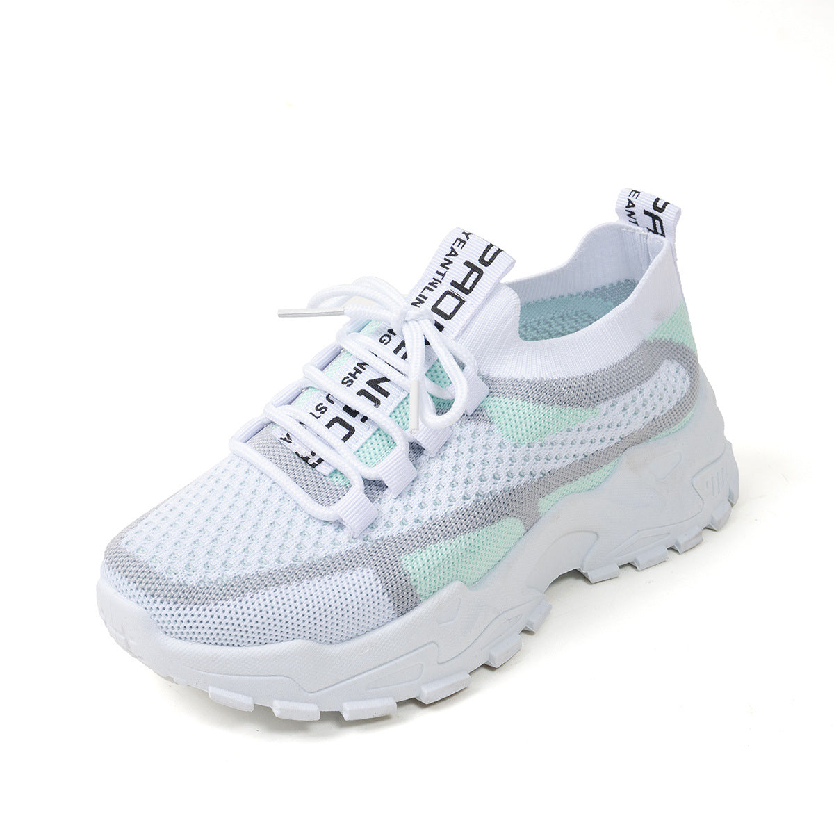 Flyknit Mesh Shoes Women's Breathable Lace-up Thick Chunky Sole Sneakers Walking Running Casual Shoes