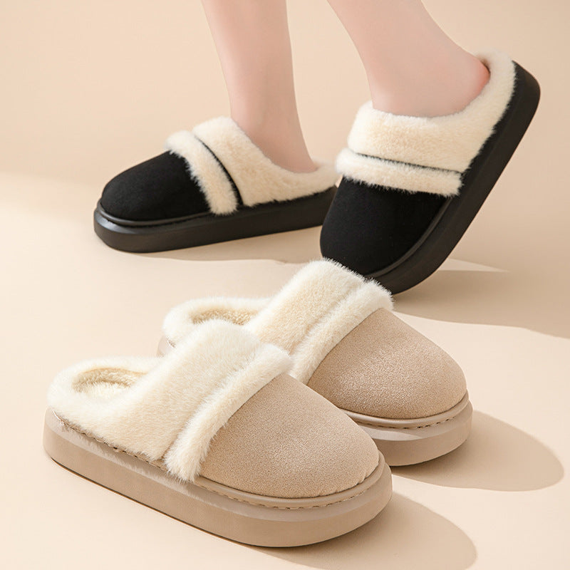 Warm Cotton Slippers For Women Leisure Thick Sole Non-slip Plush House Shoes Winter Bedroom Floor Faux Suede Slipper