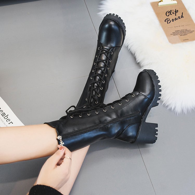 Thick Chunky Sole Lace-up Mid Calf Black Biker Motorcycle Boots