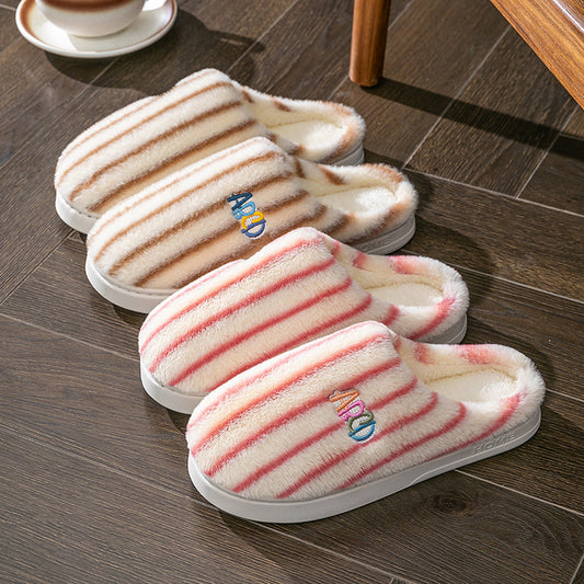 Plush Striped Slippers Winter Warm Letter Embroidered Shoes Slipper For Women Men Closed Toe Flats