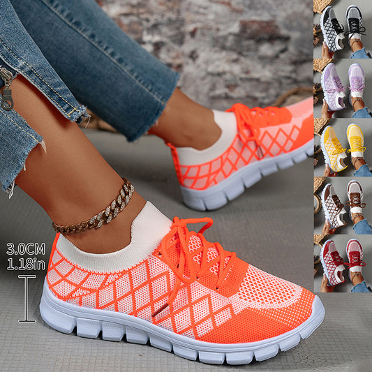 Colorblock Plaid Lace-Up Flyknit Sneakers Ins Mesh Casual Shoes Fashion Breathable Walking Running Sports Shoes For Women