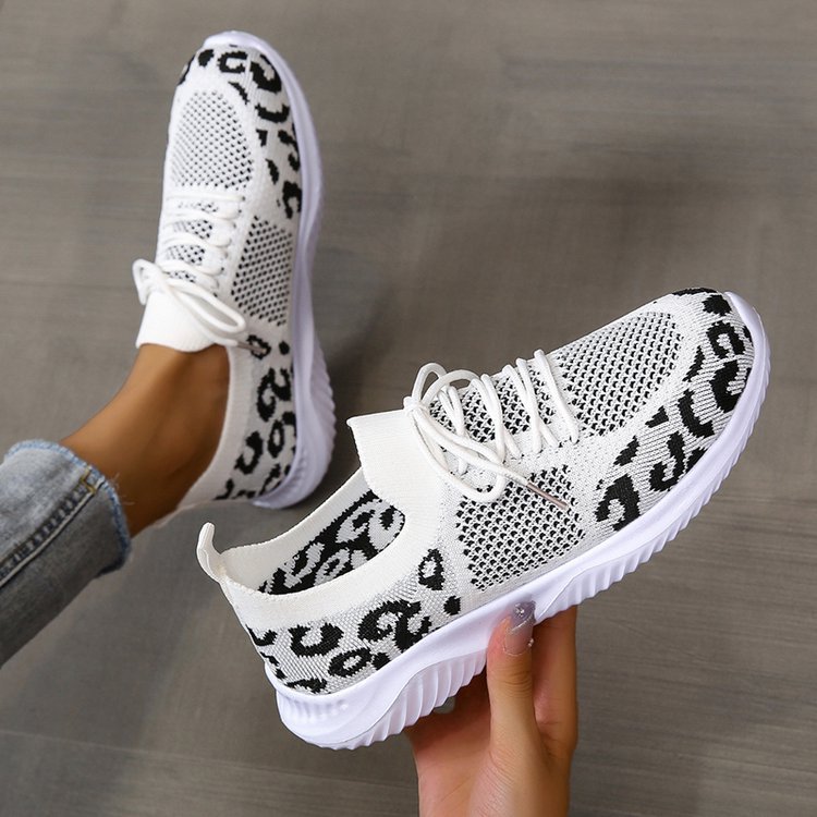White Shoes Women Leopard Print Lace-up Light-Weight Mesh Sneakers Sports