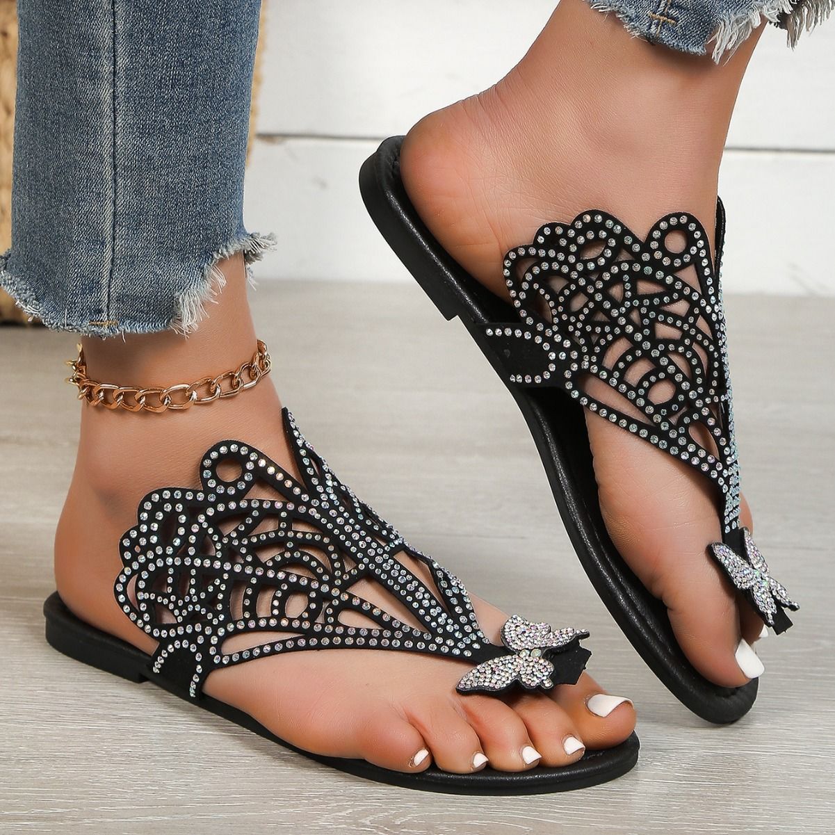 Butterfly Slip-on Flip-toe Sandals Women's Faux Rhinestone Hollow Flat sandal Slide On