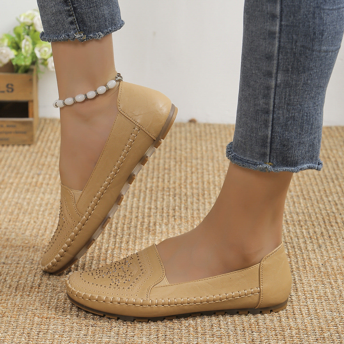 Handmade Stitching Gommino Moccasin Loafer Solid Color Casual Women's Flat Shoes