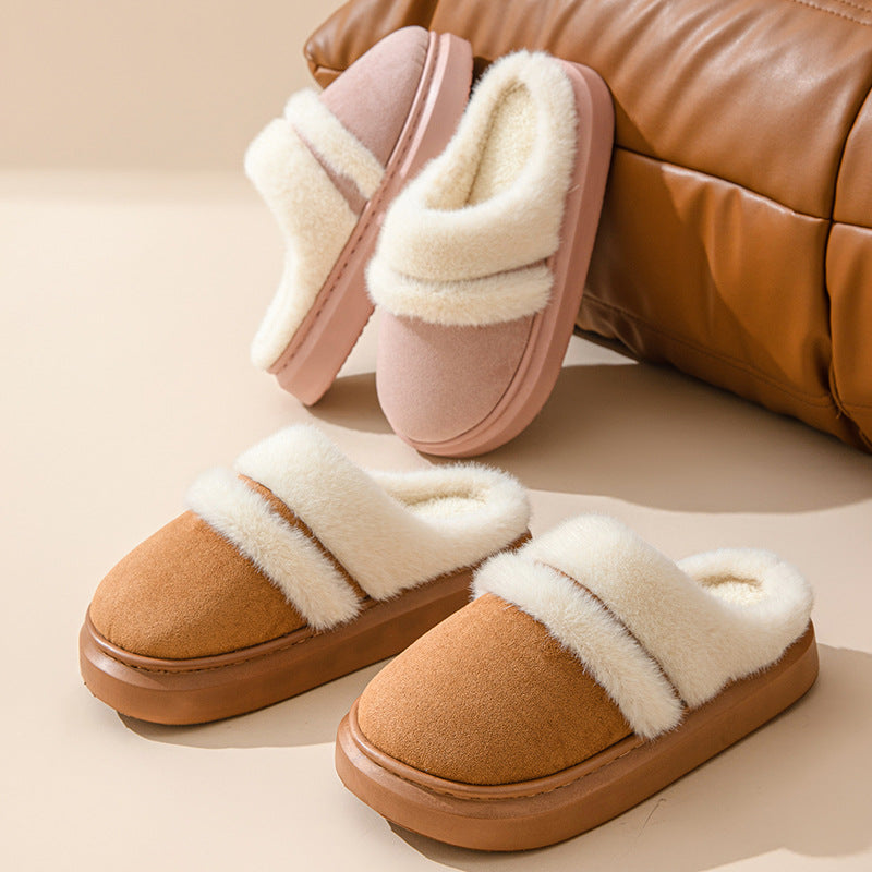 Warm Cotton Slippers For Women Leisure Thick Sole Non-slip Plush House Shoes Winter Bedroom Floor Faux Suede Slipper