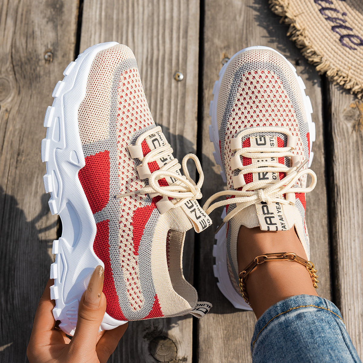 Flyknit Mesh Shoes Women's Breathable Lace-up Thick Chunky Sole Sneakers Walking Running Casual Shoes