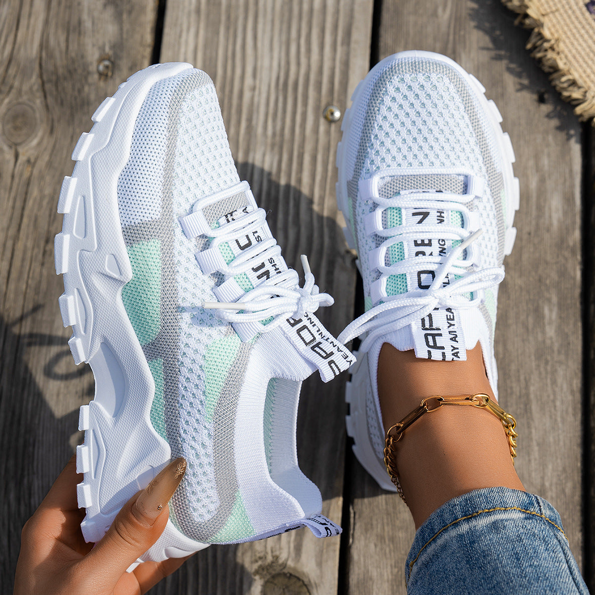 Flyknit Mesh Shoes Women's Breathable Lace-up Thick Chunky Sole Sneakers Walking Running Casual Shoes